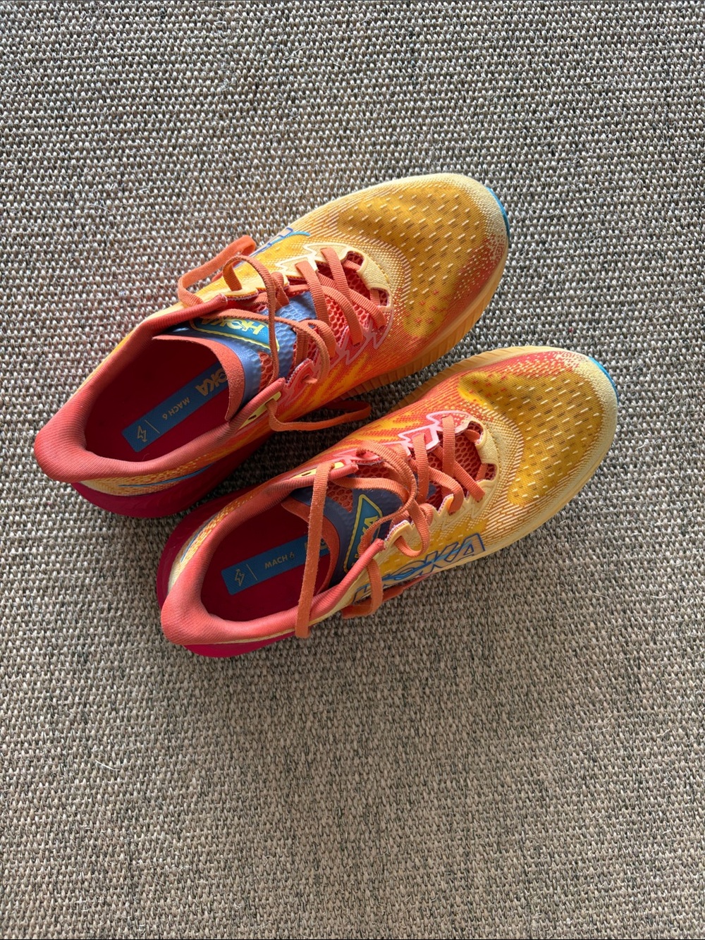 Hoka Women’s Yellow & Coral Running Shoes with Blue Logo